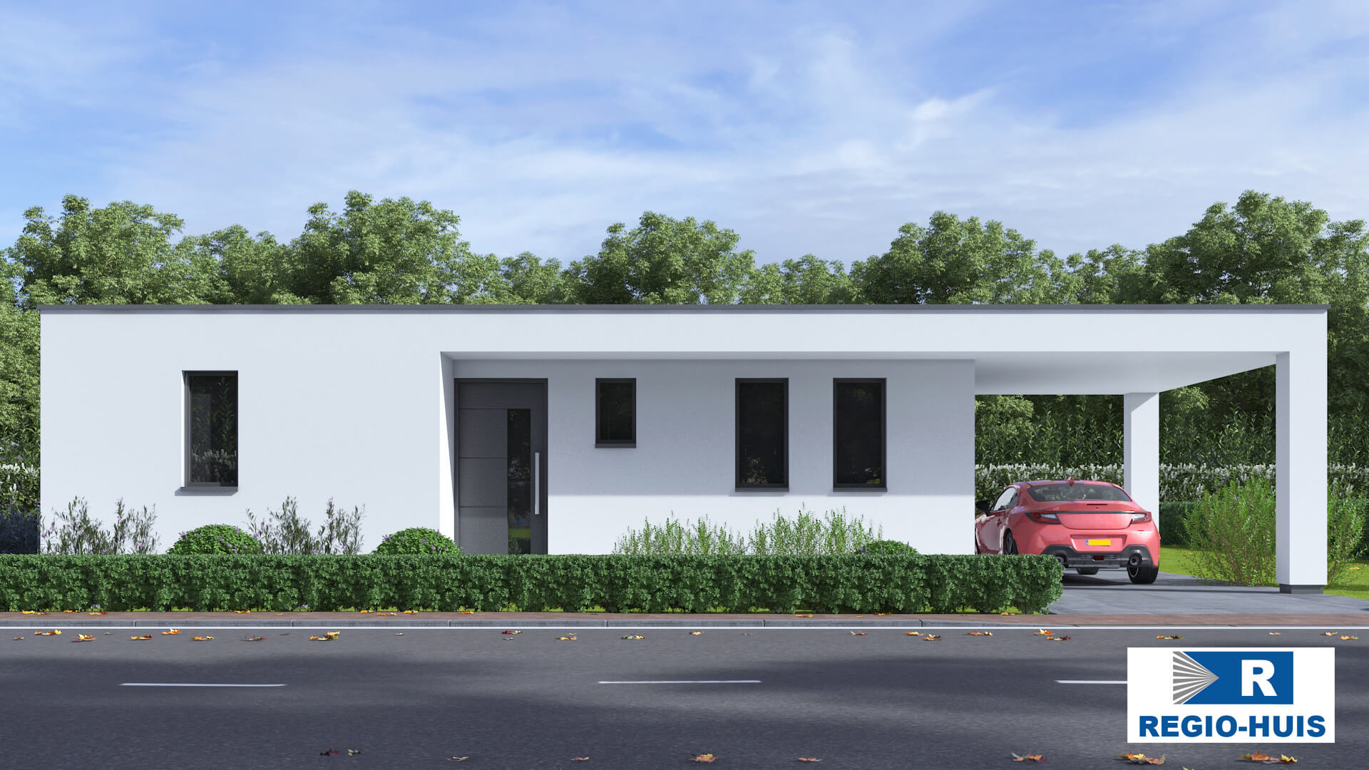 Exterieur van levensloopbestendige bungalow B166 van Regio-Huis, ontworpen met staalframebouw voor energie-efficiëntie en stilte. De woning heeft een modern uiterlijk met grote ramen, een plat dak en een praktische, toegankelijke indeling, ideaal voor comfortabel wonen op één niveau. 02