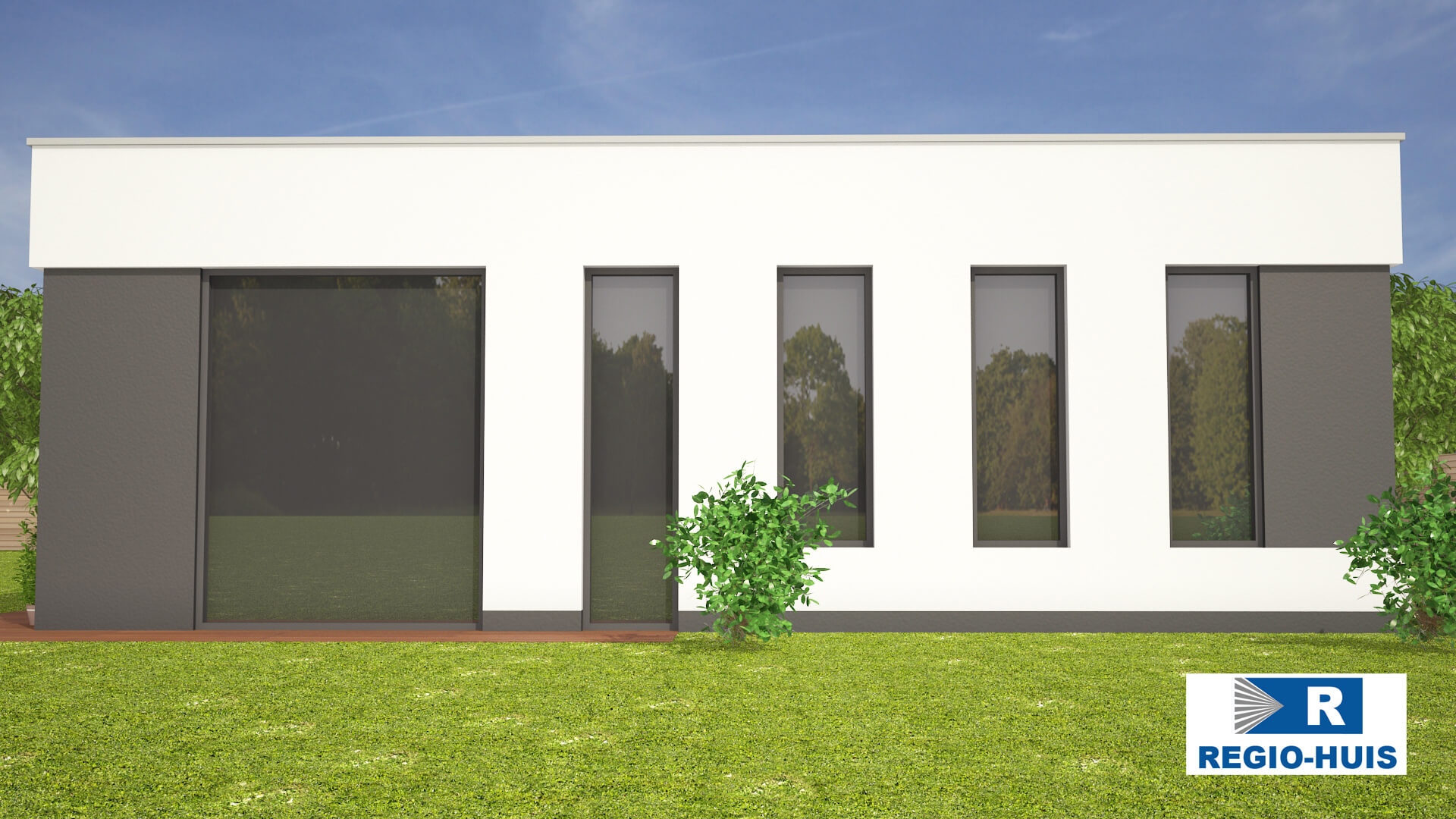 Exterieur van bungalow B114 van Regio-Huis, een moderne woning met een plat dak en staalframe bouwsysteem. Het strakke ontwerp met grote ramen en een efficiënte indeling biedt duurzaam en comfortabel wonen. 02