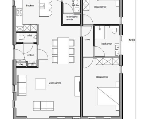 Plattegrond van de begane grond van bungalow B114 van Regio-Huis. De indeling toont een open woonruimte, een moderne keuken, slaapkamers en een badkamer, ontworpen voor efficiënt en energiezuinig wonen.