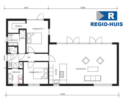 Plattegrond van de begane grond van bungalow B162 van Regio-Huis. De indeling toont ruime woonruimtes, een open keuken, comfortabele slaapkamers en een badkamer, ontworpen voor efficiënt en praktisch wonen op één niveau.