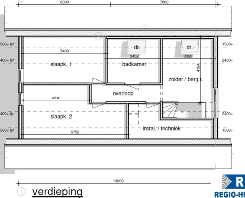 Plattegrond eerste verdieping van woning K148 van RegioHuis. Praktische indeling met slaapkamers en functionele ruimtes.