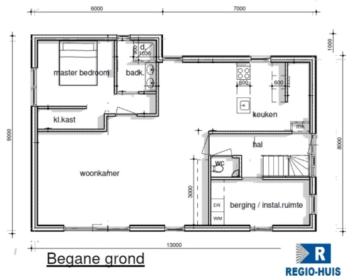 Plattegrond begane grond van woning K148 van RegioHuis. Slim en functioneel ingedeeld ontwerp met ruime leefruimtes.