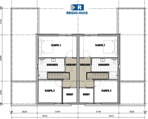 Plattegrond eerste verdieping van TK-50 twee-onder-een-kap woning van RegioHuis. Indeling met slaapkamers en functionele ruimtes voor optimaal comfort.