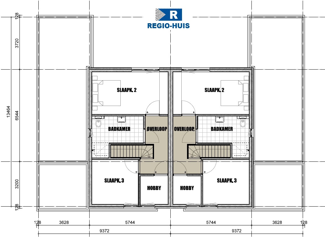 Plattegrond eerste verdieping van TK-50 twee-onder-een-kap woning van RegioHuis. Indeling met slaapkamers en functionele ruimtes voor optimaal comfort.