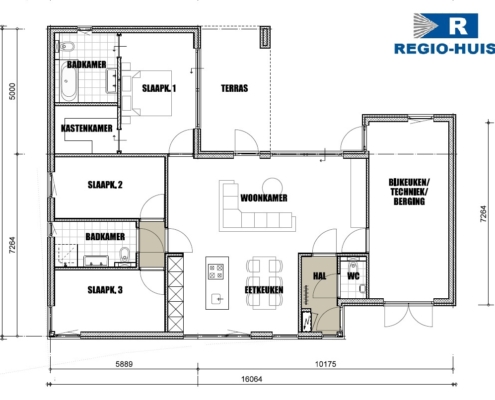 Begane grond van bungalow type 191 van RegioHuis. Ruime indeling met een open woonkamer, keuken, slaapkamers en functionele ruimtes.