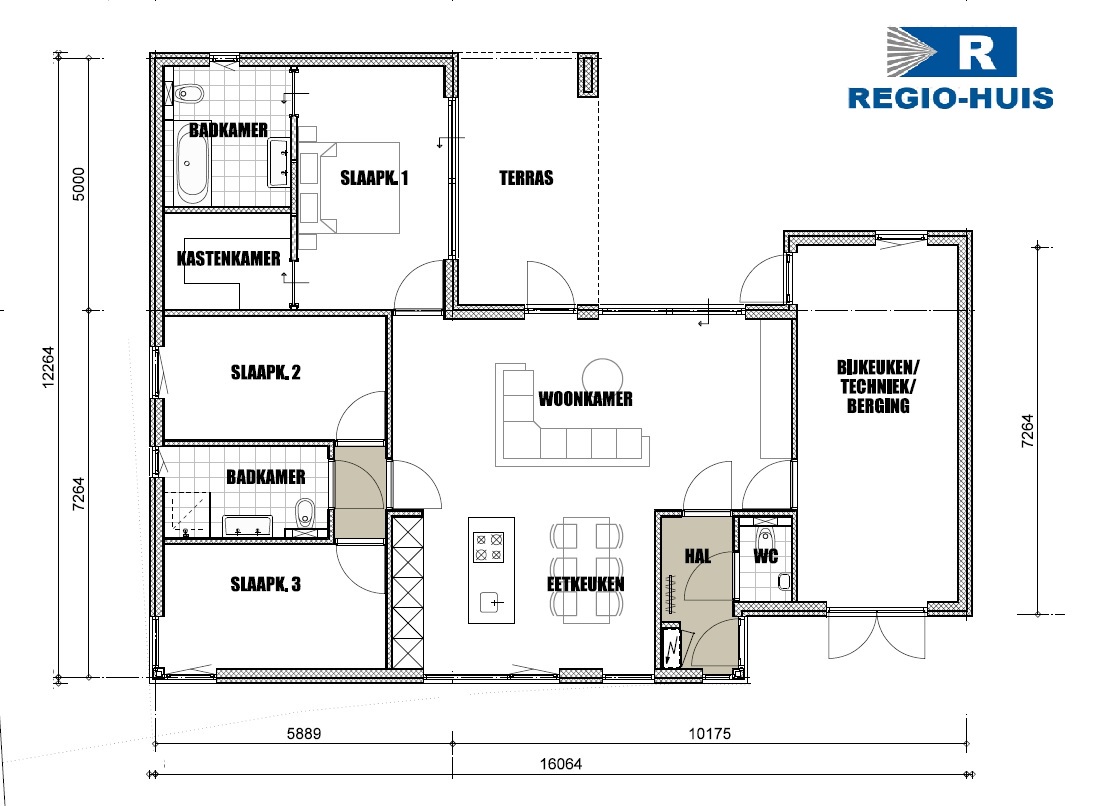 Begane grond van bungalow type 191 van RegioHuis. Ruime indeling met een open woonkamer, keuken, slaapkamers en functionele ruimtes.