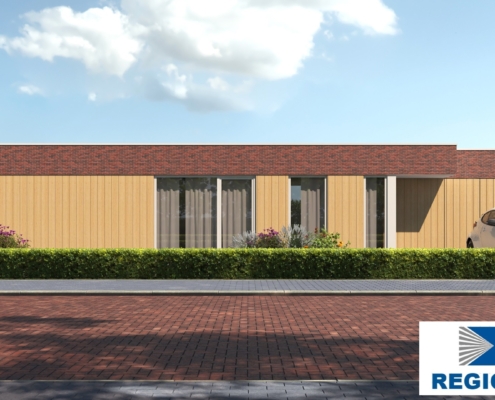 Bungalow met plat dak, type 191, gebouwd met een energiearm staalframe door RegioHuis. Modern en duurzaam ontwerp. 01