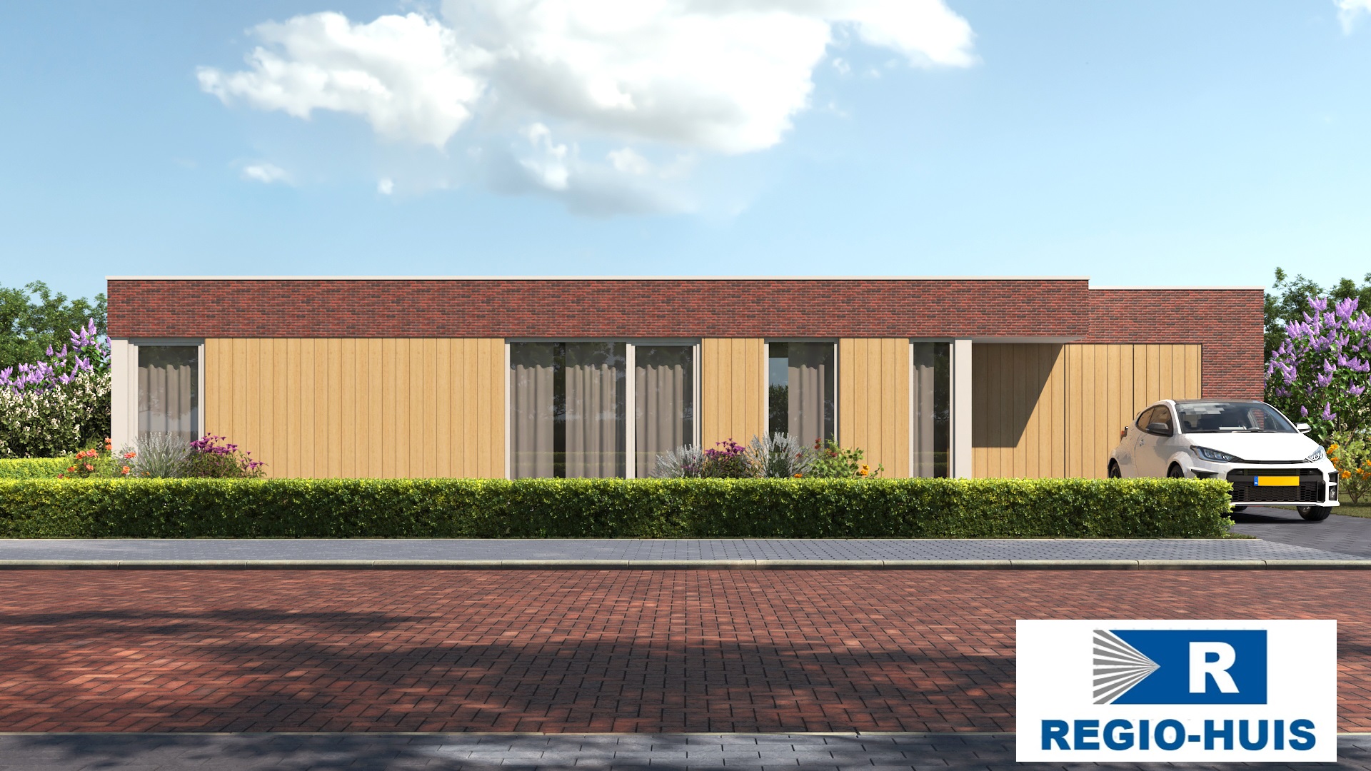 Bungalow met plat dak, type 191, gebouwd met een energiearm staalframe door RegioHuis. Modern en duurzaam ontwerp. 01