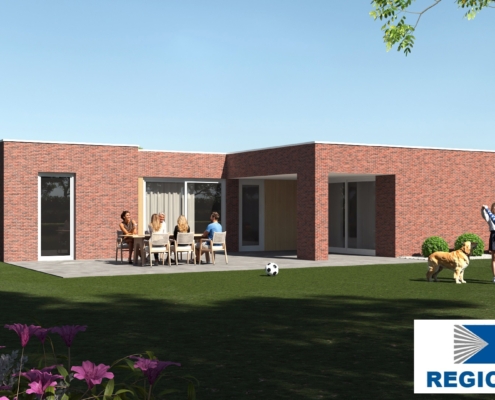 Bungalow met plat dak, type 191, gebouwd met een energiearm staalframe door RegioHuis. Modern en duurzaam ontwerp. 02