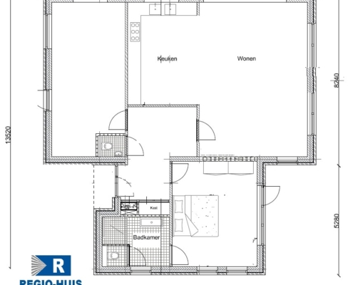 Plattegrond begane grond van Bungalow type 195 van RegioHuis. Slimme indeling met ruime leefruimtes en levensloopbestendig ontwerp.